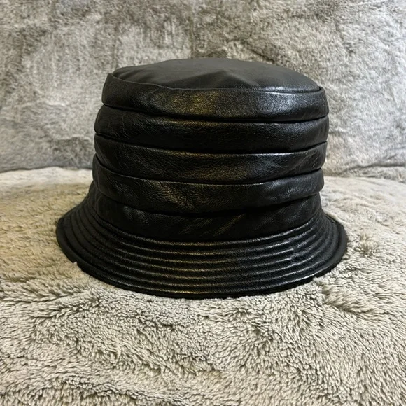 Vintage (80’s) Black Lambskin Leather Bucket Hat Chain Faux Leather Bucket, Hats Kangol Water-resistant main image 4